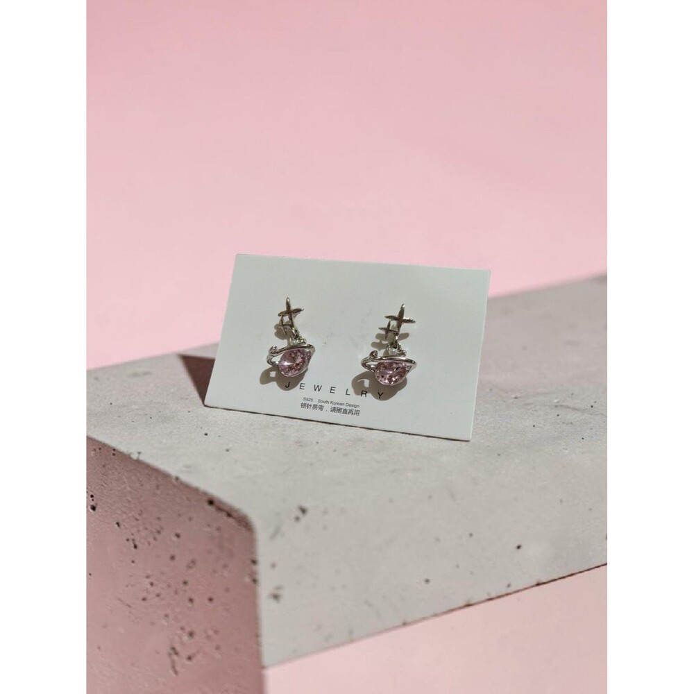 Pink Planet Star Earrings, Silver Tone Celestial Stud Earrings, Kawaii Coquette - Picture 6 of 7